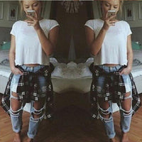 Ripped Jeans Denim Joggers Knee Holes Slim Fit Jeans For Women Blue