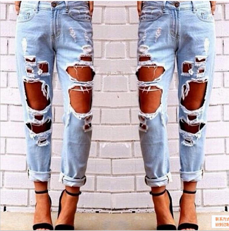 Ripped Jeans Denim Joggers Knee Holes Slim Fit Jeans For Women Blue