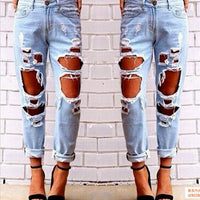 Ripped Jeans Denim Joggers Knee Holes Slim Fit Jeans For Women Blue