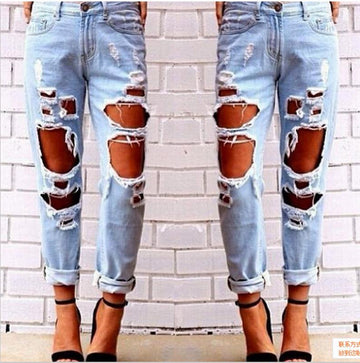 Ripped Jeans Denim Joggers Knee Holes Slim Fit Jeans For Women Blue