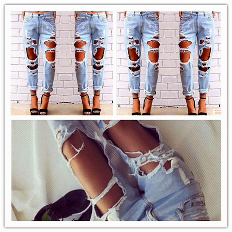 Ripped Jeans Denim Joggers Knee Holes Slim Fit Jeans For Women Blue