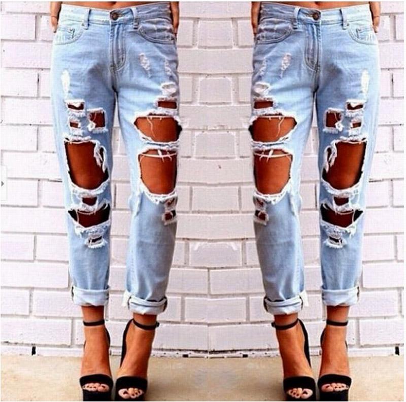 Ripped Jeans Denim Joggers Knee Holes Slim Fit Jeans For Women Blue