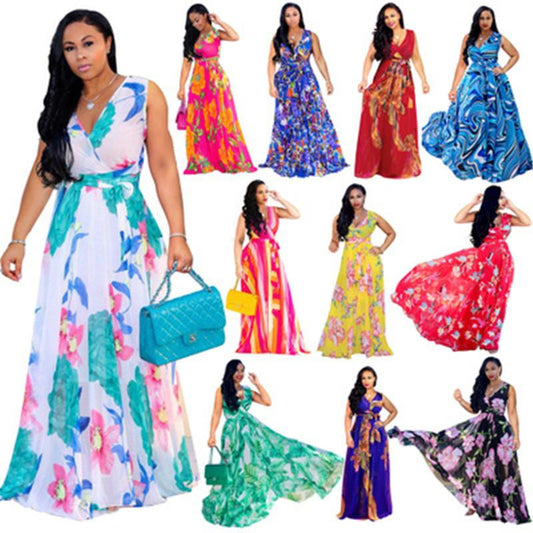 Women Casual Chiffon Maxi Dresses Fashion Floral Print Boho Beach