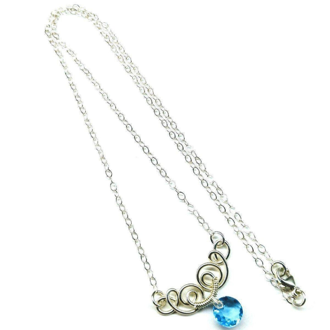 Silver Wire Sculpted Round Aqua Crystal Pendant Necklace