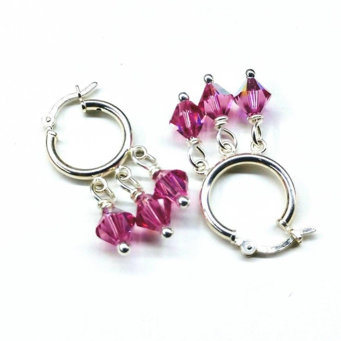 Sterling Silver Hoop Pink Crystal Dangle Earrings